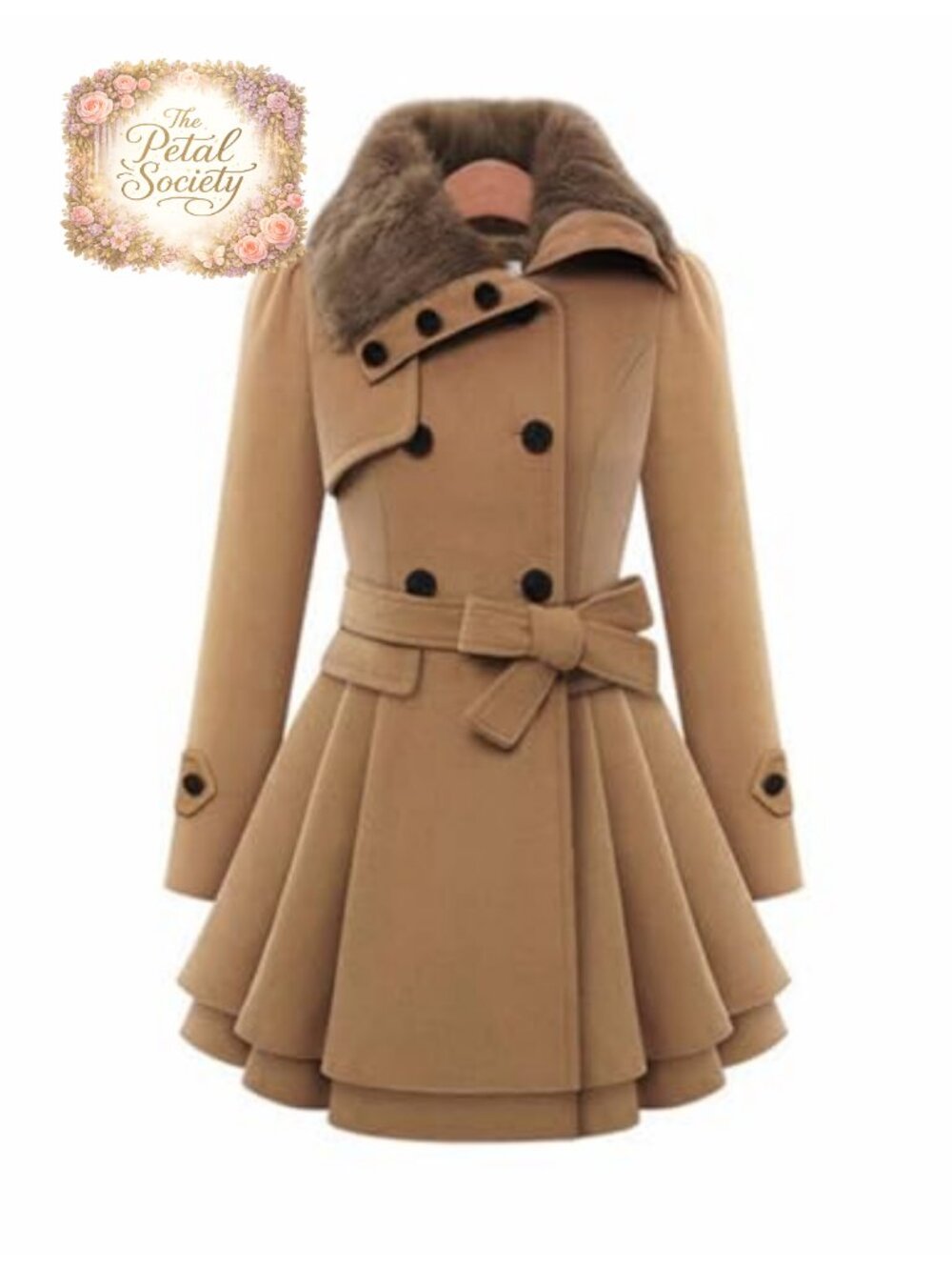 Faux Fur Collar Double Breasted Flare Trench Coat Women